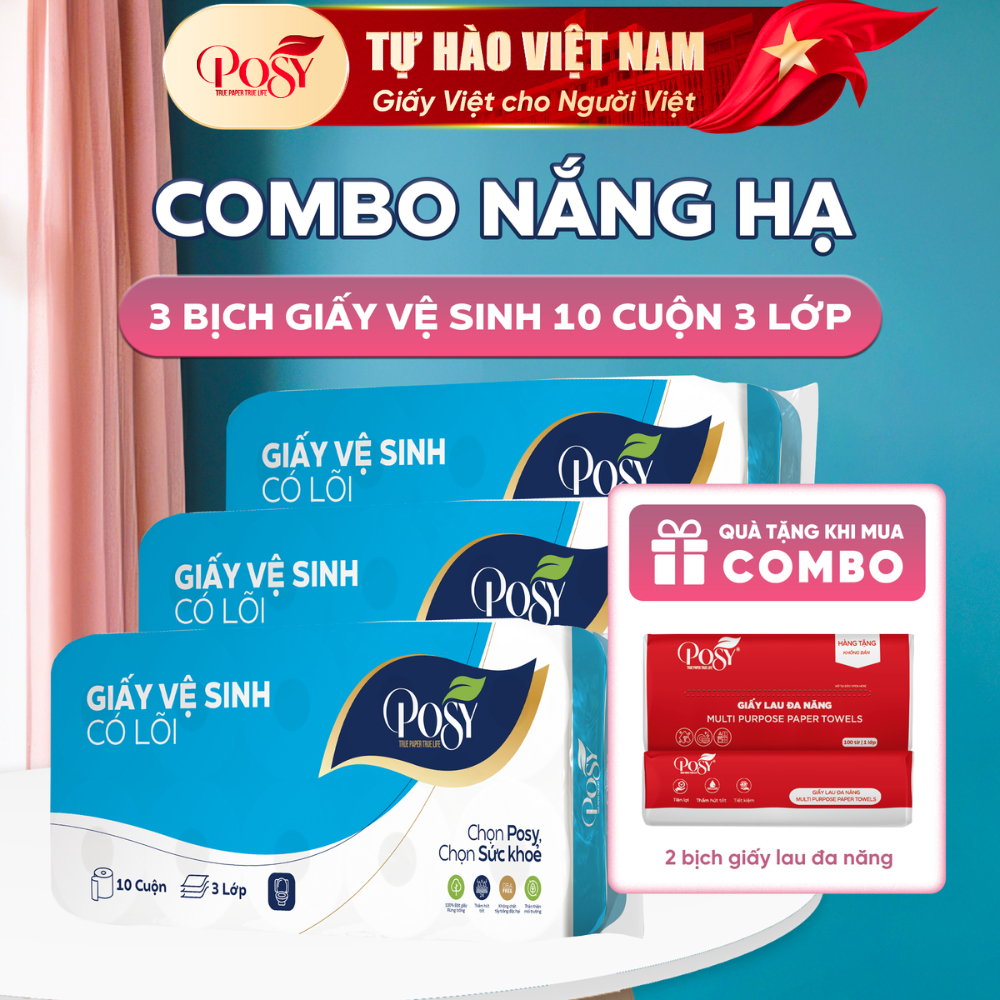 POSY_[COMBO NẮNG HẠ] 3 Bịch Giấy Vệ Sinh Posy 10 Cuộn 3 Lớp (1.6kg/Bịch), Mềm Mịn Làm Từ Bột Giấy Tự