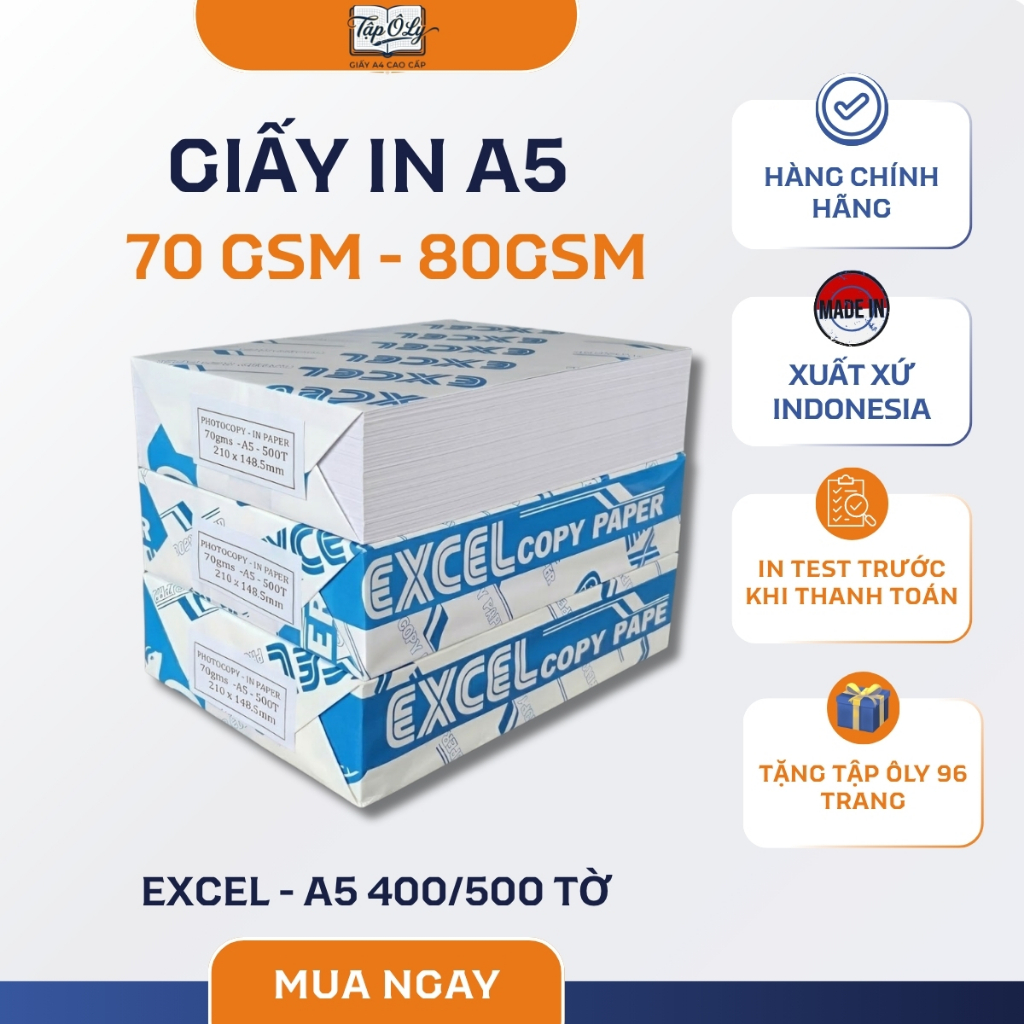 Giấy A5 70-80gsm Chính Hãng, 400 Tờ - 500 Tờ, Giấy In A5 Mịn Không Kẹt Máy, Giấy Photo A5 Giá Tốt