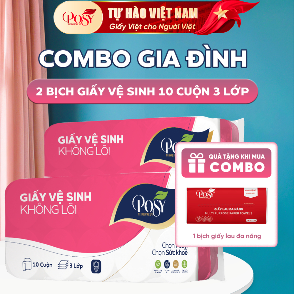POSY - COMBO GIA ĐÌNH - SET 2 BỊCH GVS 10 cuộn 3 lớp Posy (1.6kg/bịch) mềm mịn, thoáng nhẹ, tiết kiệ