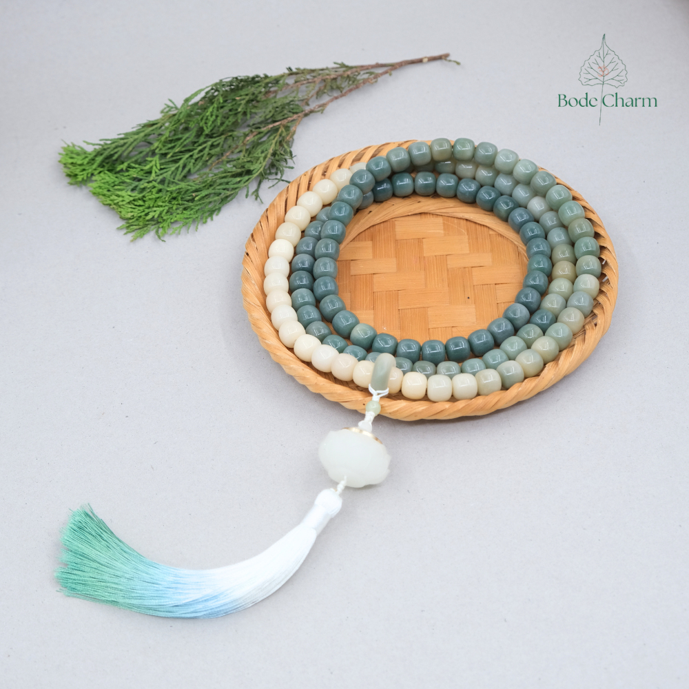 Chuỗi 108 hạt Bồ Đề xanh trắng ombre hạt trụ 11x12mm| Bồ Đề Charm| Bồ Đề niệm Phật 108 hạt 11 ly lư 