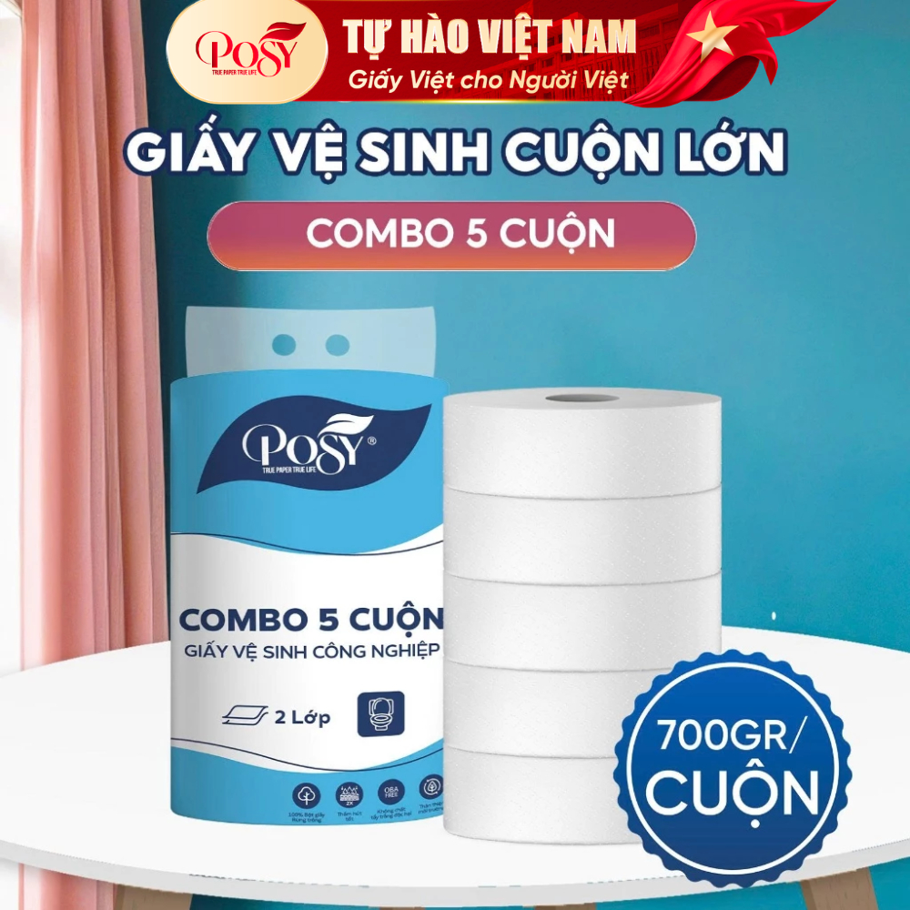 POSY_COMBO 5 CUỘN Giấy Vệ Sinh Cuộn Lớn Posy 700g, 2 Lớp Tiết Kiệm Cho Văn Phòng, Công Ty
