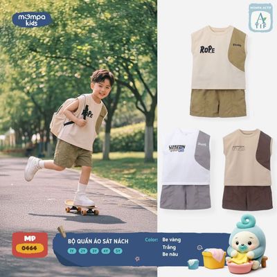 Bộ cộc tay cho bé Mompa sát nách 1-5 tuổi vải Cotton Actif co giãn thoáng khí nhanh khô MP 0464