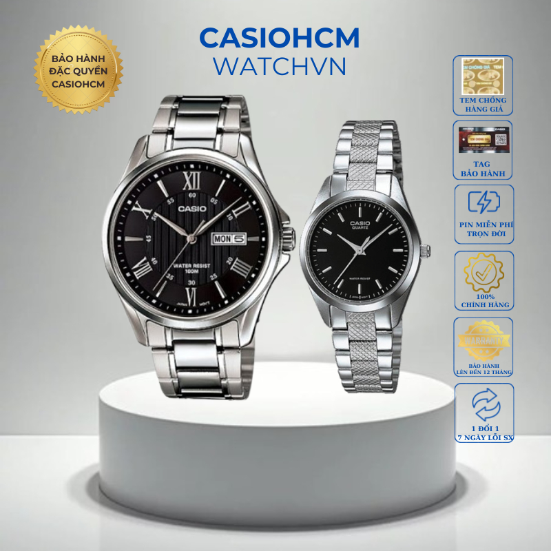 Đồng hồ đôi Casio MTP-1384D-1A & LTP-1274D-1A – Sang trọng dây thép full bạc  Lịch ngày chuẩn couple