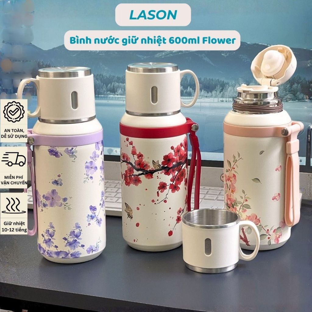 Bình nước giữ nhiệt Flower Lason 600ml bình đựng nước nóng lạnh giữ nhiệt 8-10 tiếng