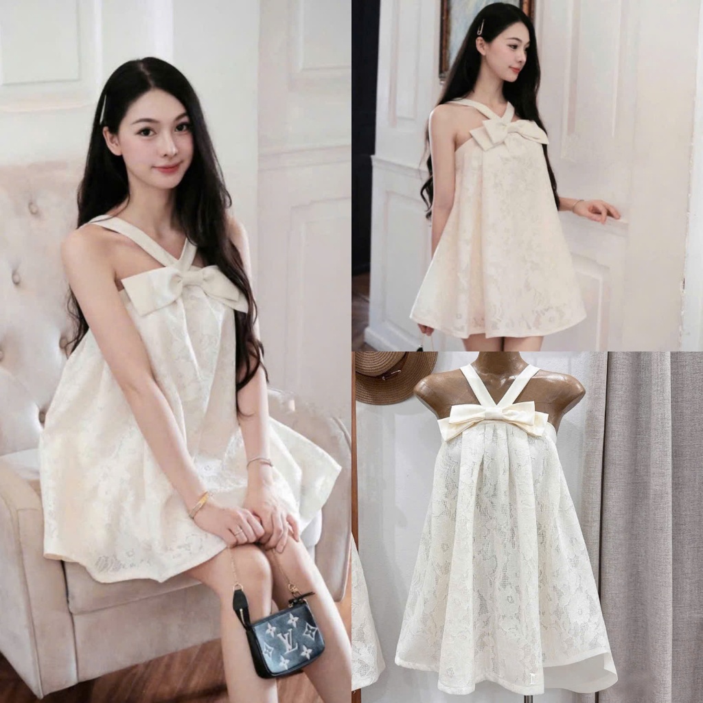(Váy Nữ Xinh): Váy Ren Ép 2 Dây Cổ Yếm Chéo Chun Sau Dáng Babydoll Nơ Ngực Siêu Xinh -Ảnh Thật Lolla