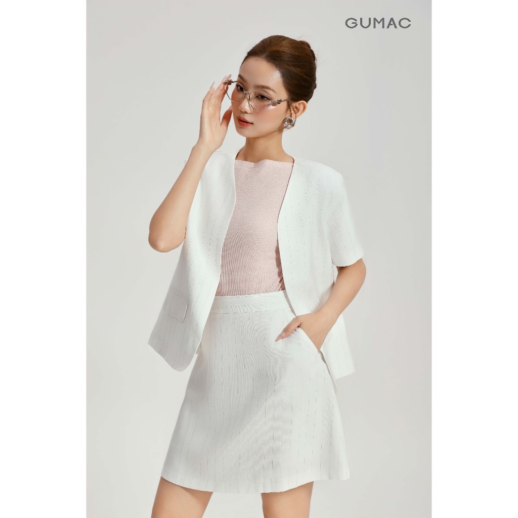 Set lẻ Áo khoác blazer GUMAC form suông tay ngắn OWG04097 - Chân váy ngắn dáng A xòe có lót quần cơ 