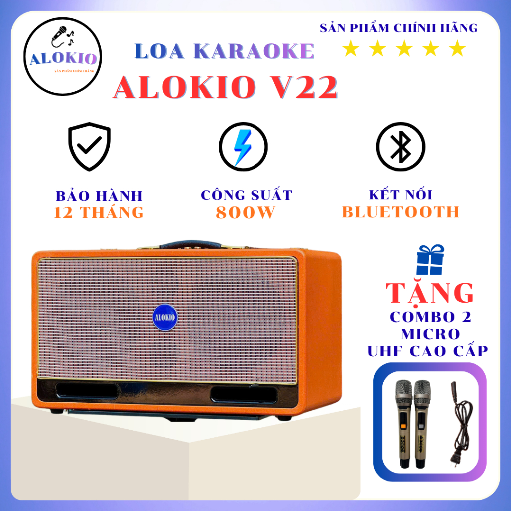 Loa Kéo Karaoke ALOKIO V22 Chính Hãng 800W–2 Bass 20-Bluetooth-Tặng 2 Mic UHF-Thùng Gỗ Bọc Da