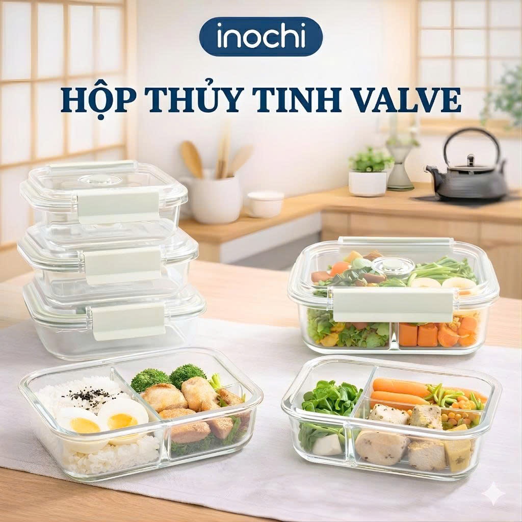 Hộp Thủy Tinh Inochi Nikko Valve - Bảo Quản Thực Phẩm An Toàn, Tươi Ngon, Tiện Lợi - Chống Rò