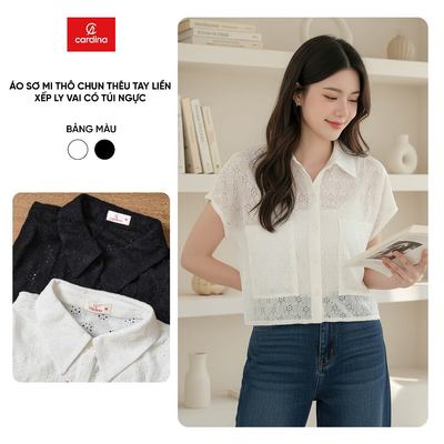 Áo sơ mi nữ CARDINA chất thô chun thêu tay liền xếp ly có túi ngực 6ASC15
