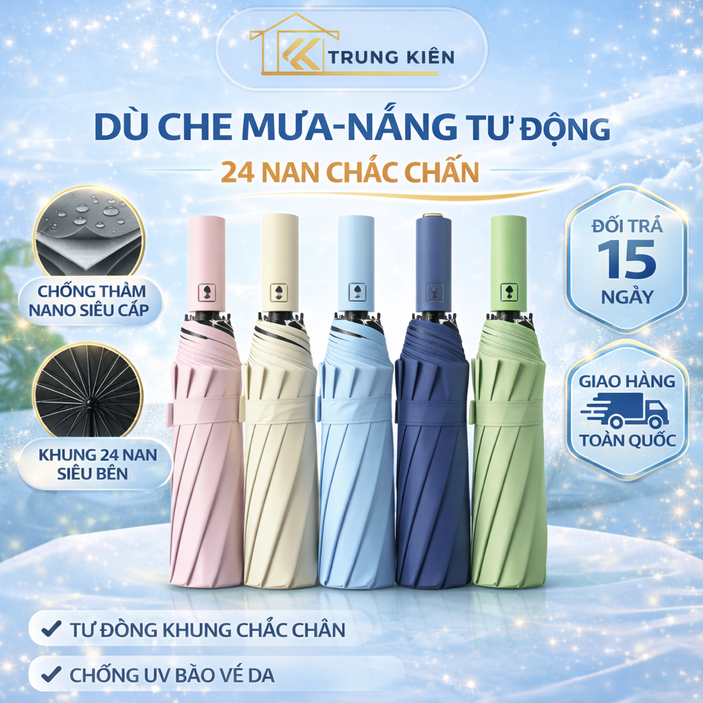 Ô Dù Che Mưa Nắng 24 Nan Cao Cấp, Chất Liệu Polyeste Chống Tia UV, Chống Thấm…