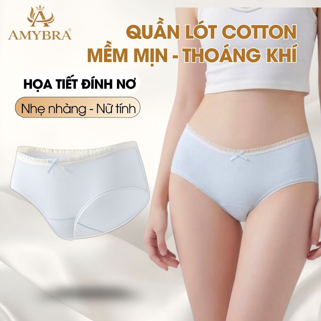 Quần lót nữ cotton kháng khuẩn thấm hút tốt, Quần Chíp nữ viền bèo kèm nơ dễ thương AMYBRA L4119