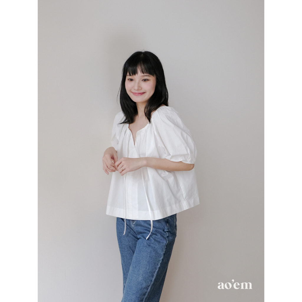 AO'EM STUDIOS | CLARA TOP - Áo Tay Phồng Thắt Nơ Chất Liệu Cotton Hàn Thoải Mái