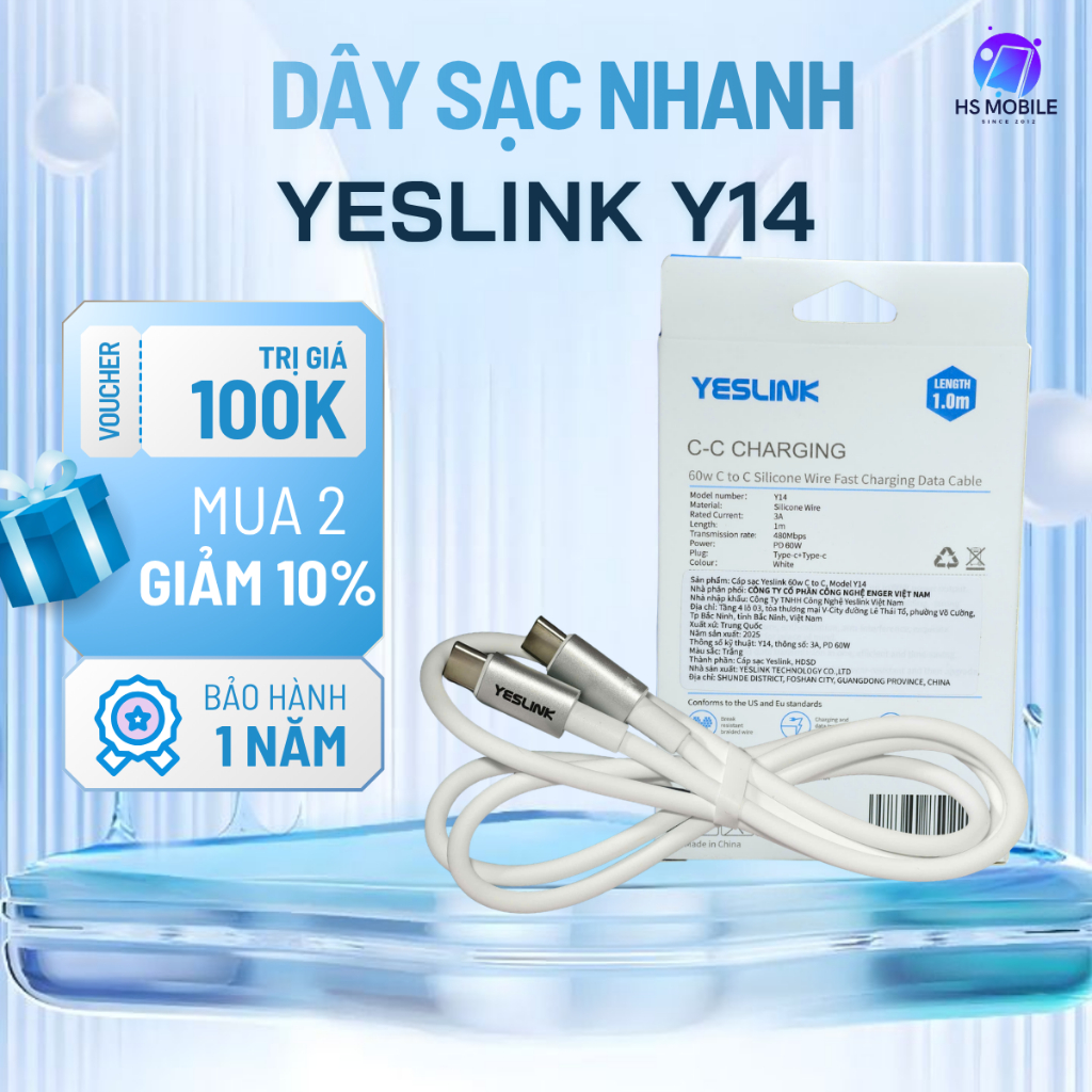 Cáp sạc Yeslink Y14 dài 2m sạc nhanh PD truyền dữ liệu ổn định bền bỉ