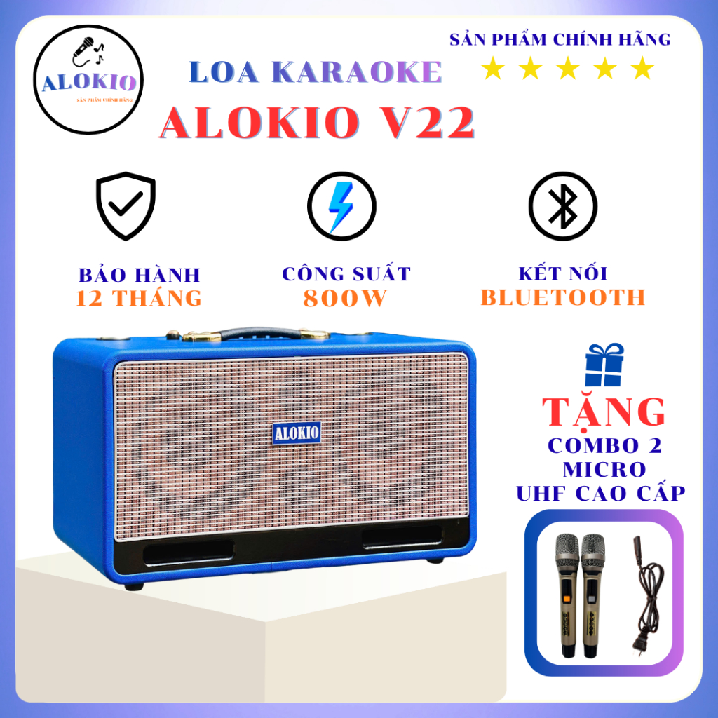 Loa Kéo Karaoke Alokio V22 Màu Xanh - Chính Hãng - 800W - 2 Bass 20 - Bluetooth - Tặng 2 Micro UHF