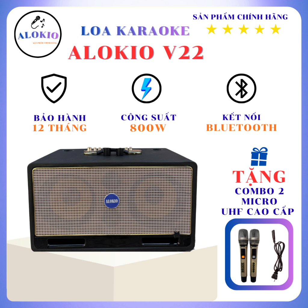 Loa Kéo Karaoke Alokio V22 Màu Đen - Chính Hãng - 800W - 2 Bass 20 - Bluetooth - Tặng 2 Micro UHF