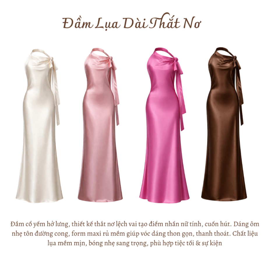 Đầm Lụa Dáng Dài Kiểu Cổ Yếm Thắt Nơ Hở Lưng Chất Lụa Nhũ Mềm La Boutique SS26 - DD005-2604LAT | BigBuy360 - bigbuy360.vn