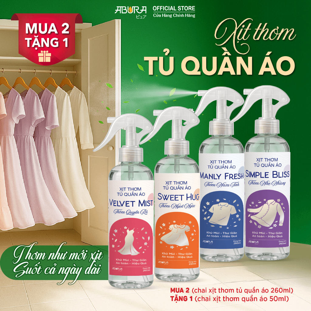 Chai xịt thơm tủ quần áo 50ml/260ml ABURA hương nước hoa dịu nhẹ xịt vải thơm mát lâu dài