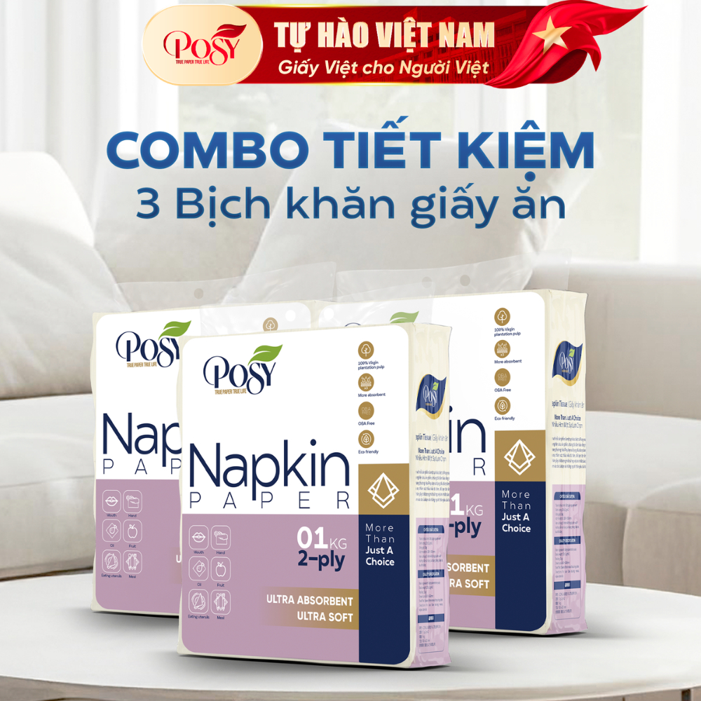 (S6) Thùng 3 bịch giấy ăn vuông Posy loại 1kg 2 lớp, dai, không mủn, dành cho nhà hàng, văn phòng, g