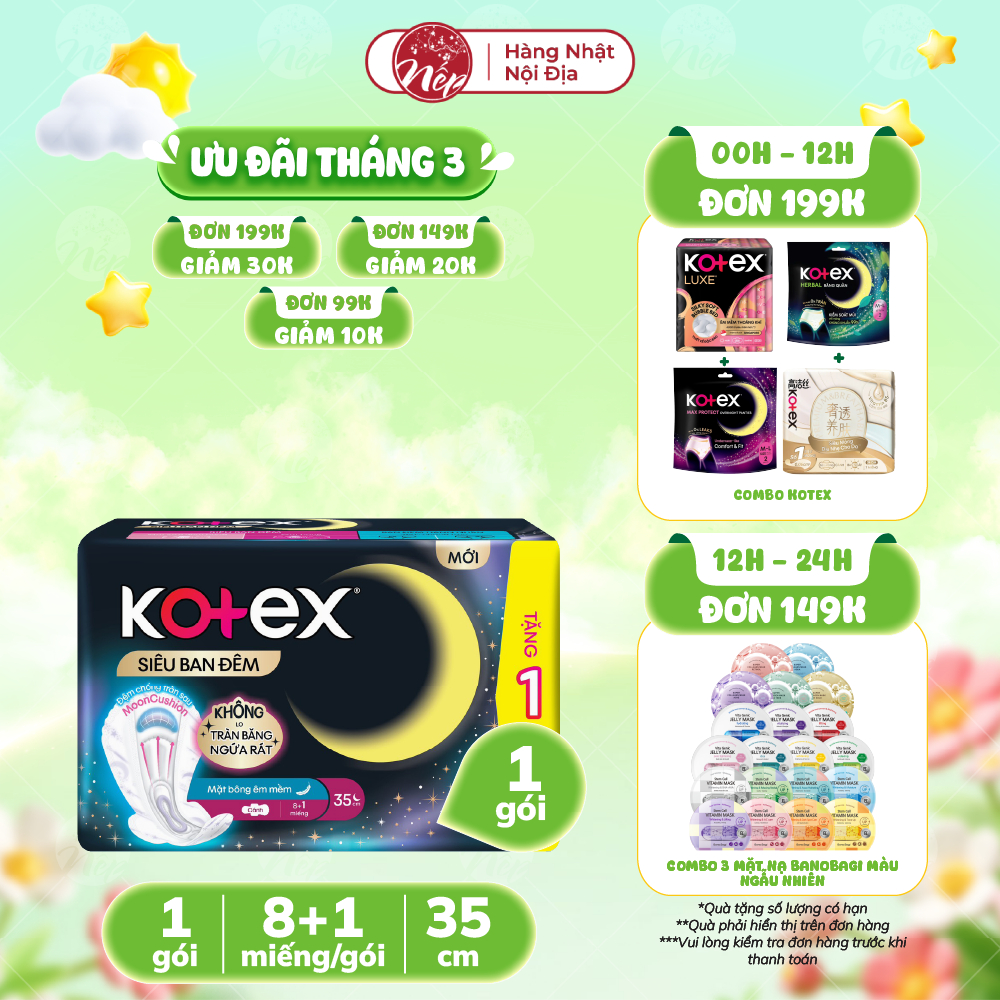 Băng vệ sinh ban đêm Kotex Siêu Ban Đêm Đệm bông chống tràn 35cm - nepshop1