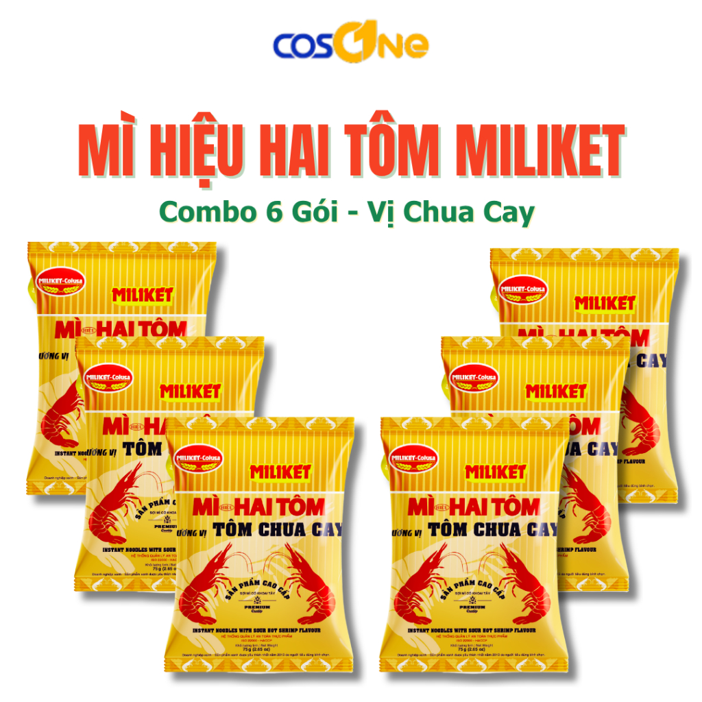 Combo 6 Gói Mì Miliket Hai Tôm Vị Chua Cay (75g/Gói) – Sợi Mì Dai Ngon, Chua Cay Đậm Đà Chuẩn Vị