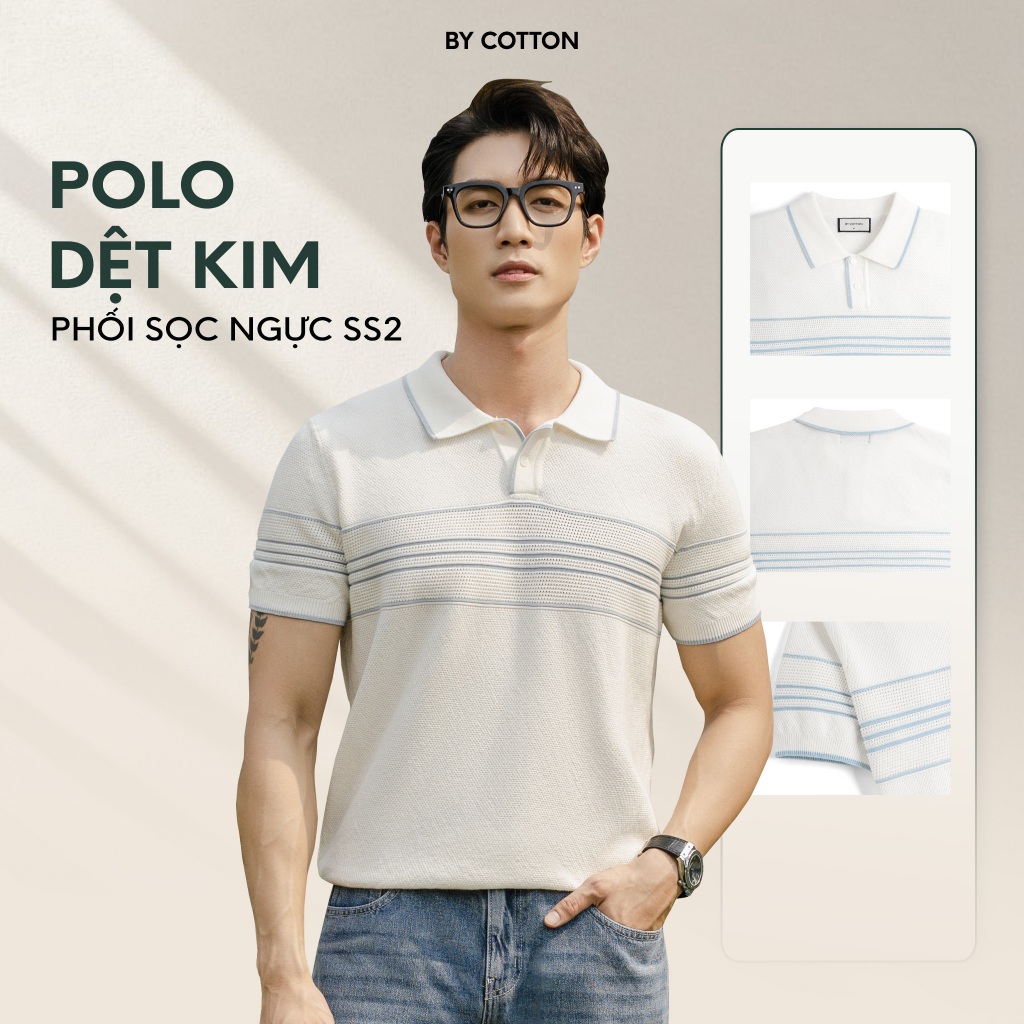 Áo Polo Nam Dệt Kim By Cotton Phối Sọc Ngực SS2 Trắng Xanh - Luôn Tặng Hộp Đóng - BY COTTON