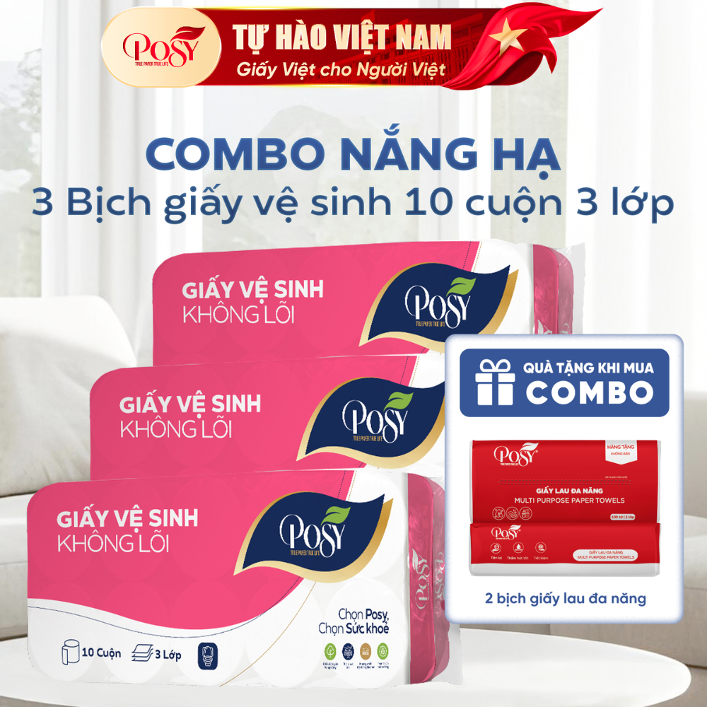 S6 [COMBO NẮNG HẠ] Combo 3 Bịch GVS Posy 10 cuộn 3 lớp (1.6kg/bịch), giấy mềm mịn, làm từ bột giấy t
