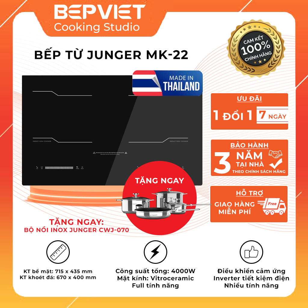 [Bộ nồi Inox Junger CWJ-070] Bếp từ Junger MK-22 nhập khẩu Thái Lan inverter tiết kiệm điện, booster