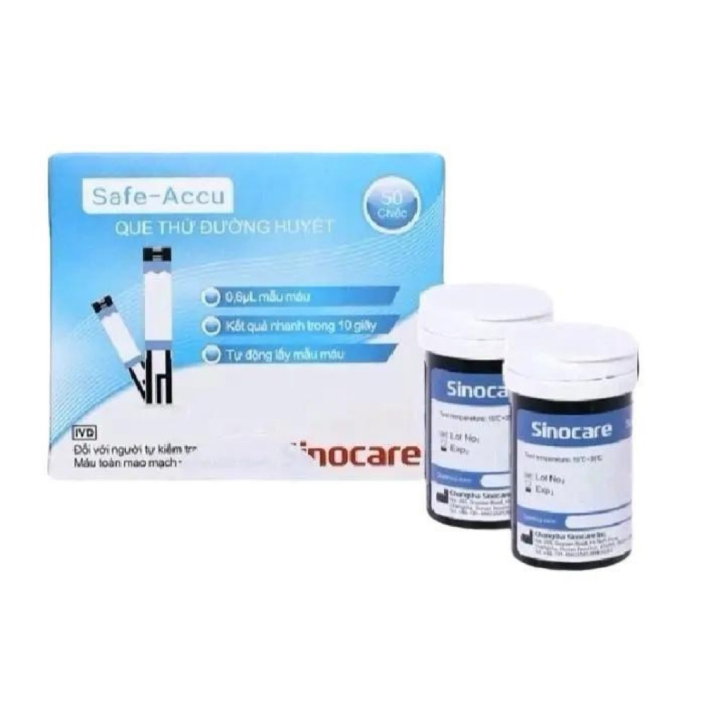 Sinocare Que thử đường huyết Safe-Accu - Sản phẩm máy đo Safe Accu - Hộp 50 que tặng 50 kim chích - 