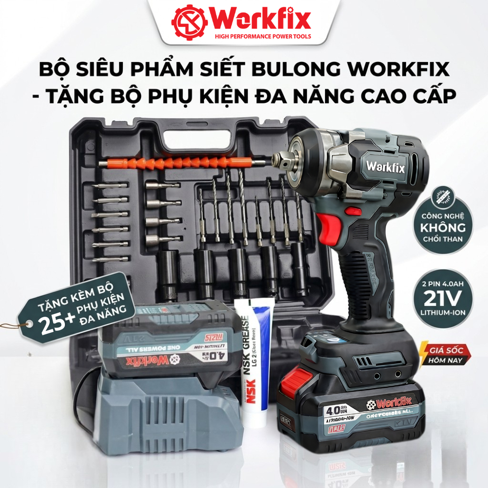 Máy siết bulong WORKFIX WF-IW470N đầu 2 trong 1 - Lực siết 470Nm - Bảo hành chính hãng 12 tháng