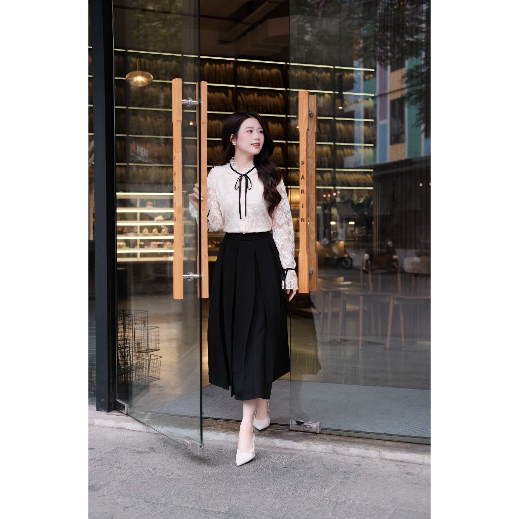 Áo sơ mi ren Nhật cổ bèo phối dây nơ đen buộc nơ tay loe phong cách tiểu thư HERIN - AS02 - 2