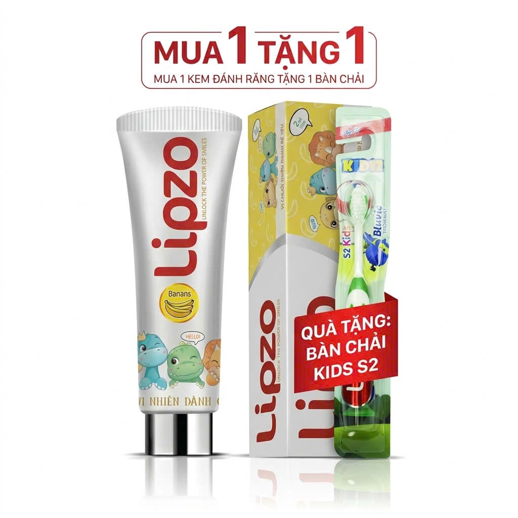[Mua 1 Tặng 1] Kem Đánh Răng Trẻ Em Lipzo Vị Chuối Bảo Vệ Răng Sữa 75g