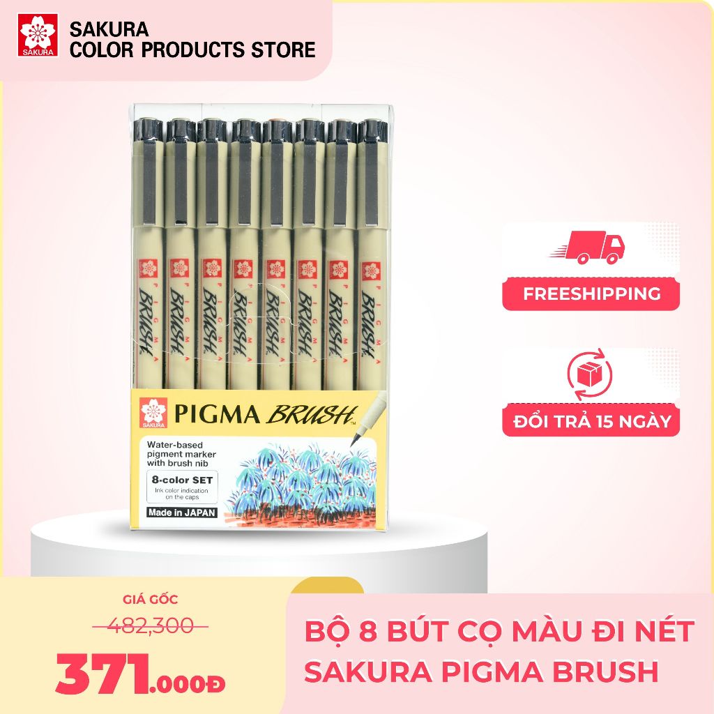 Bộ 8 Màu Bút Sakura Pigma Brush, Bút Cọ Đi Nét Brush Pen Mực Pigment Nhật Bản, Ngòi FB Linh Hoạt