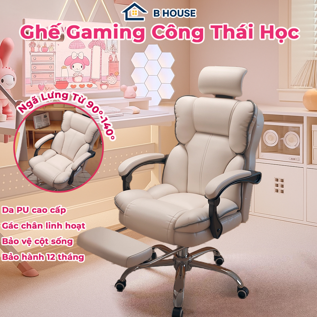 Ghế Gaming Cao Cấp B HOUSE – Kèm Gác Chân, Ngả 140°, Tựa Đầu Nâng Hạ, Da PU Mềm, Hỗ Trợ Cột Sống & G