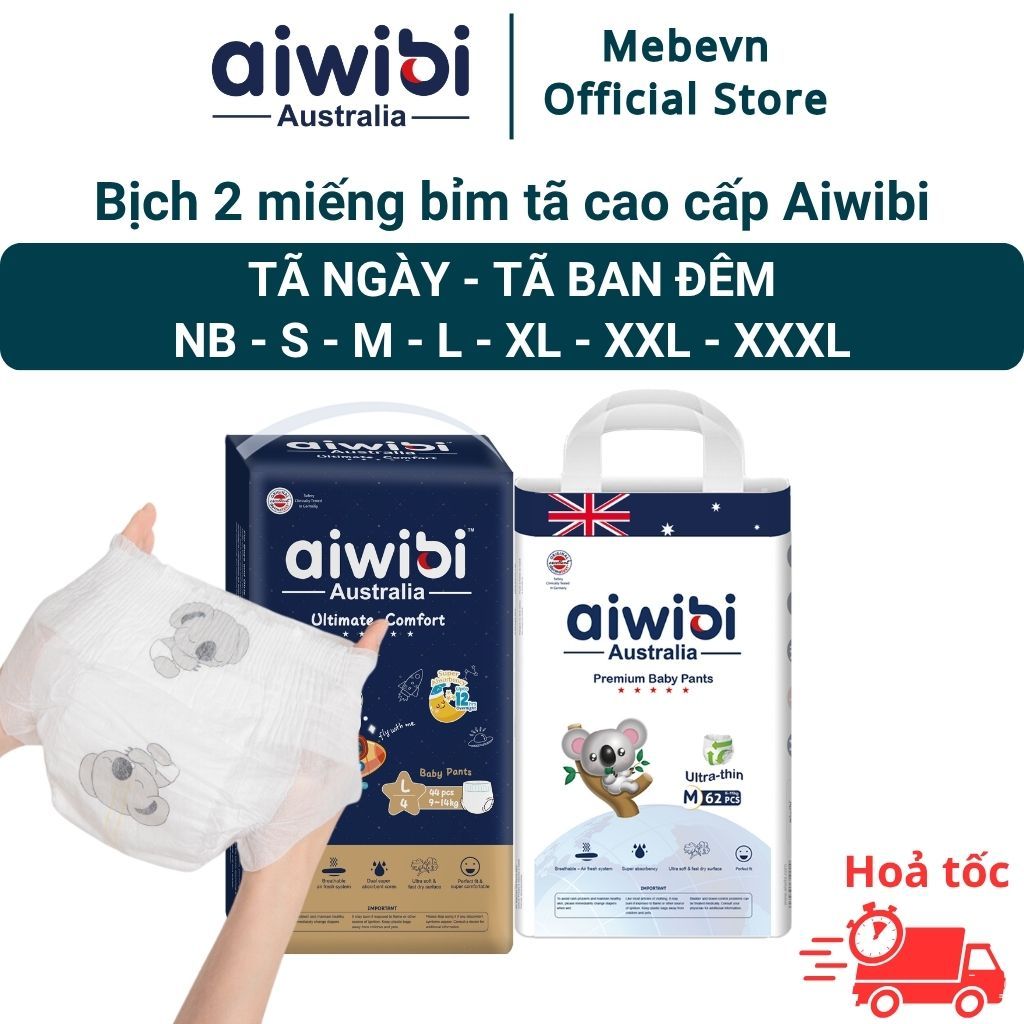 Bịch 2 miếng bỉm Aiwibi chính hãng Ngày và Đêm cao cấp, Bỉm Aiwibi Dán/Quần NB/S/M/L/XL/XXL/XXXL/4XL