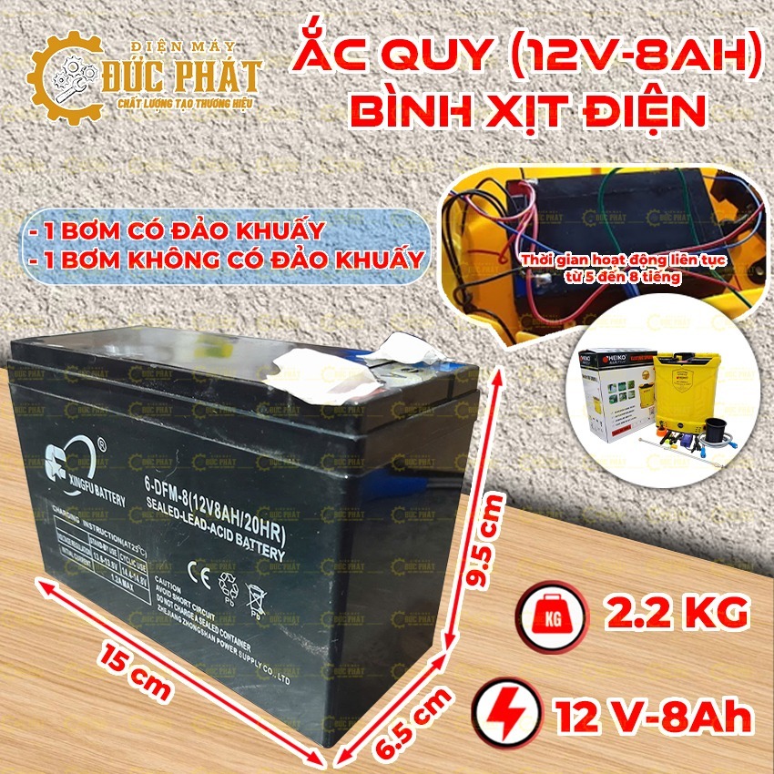 Bình Ắc Quy Khô 12V – 8AH/12AH-12AH 1 củ bơm và 2 củ bơm Hãng HTC – Sử Dụng Bình Xịt Điện (Chuẩn Ký,