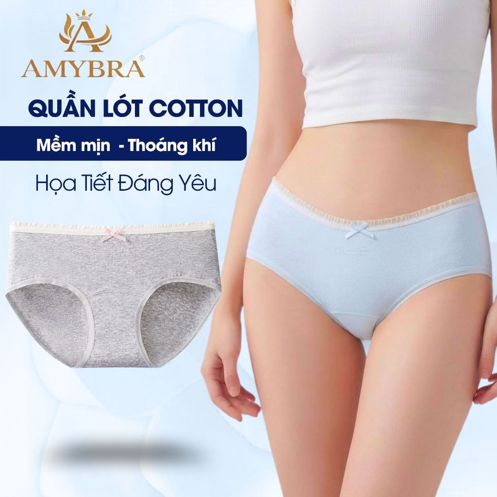 Quần Lót Nữ Cotton Viền Ren Đính Nơ Dễ Thương - Quần Chip Nữ Cạp Vừa Kháng Khuẩn AMYBRA L4119
