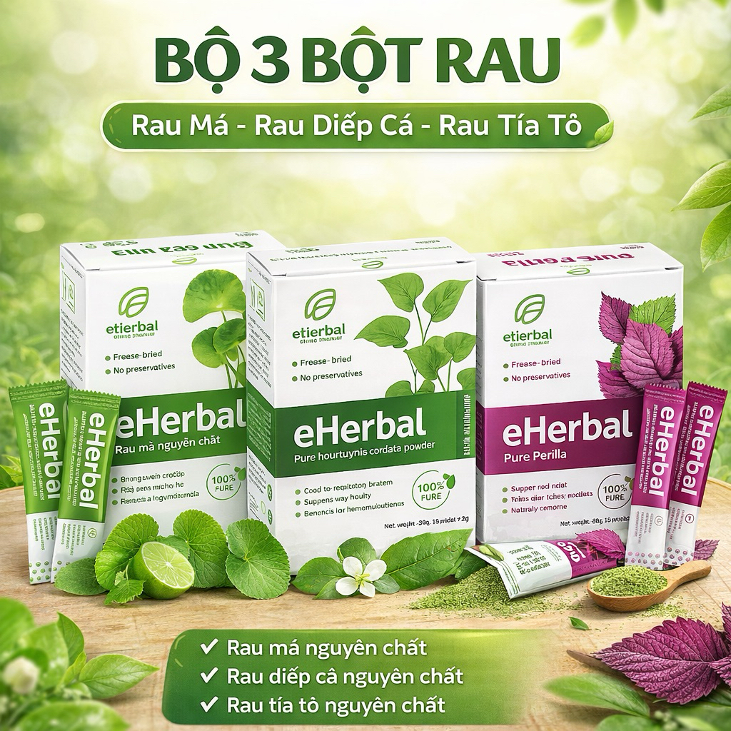 Bộ 3 Bột rau detox Eherbal rau má, diếp cá, tía tô - Sấy thăng hoa