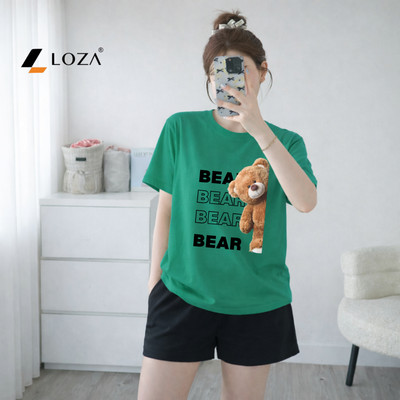 Bộ quần áo thun nữ dáng rộng NB25 in hình gấu Bear chất cotton Loza BP17