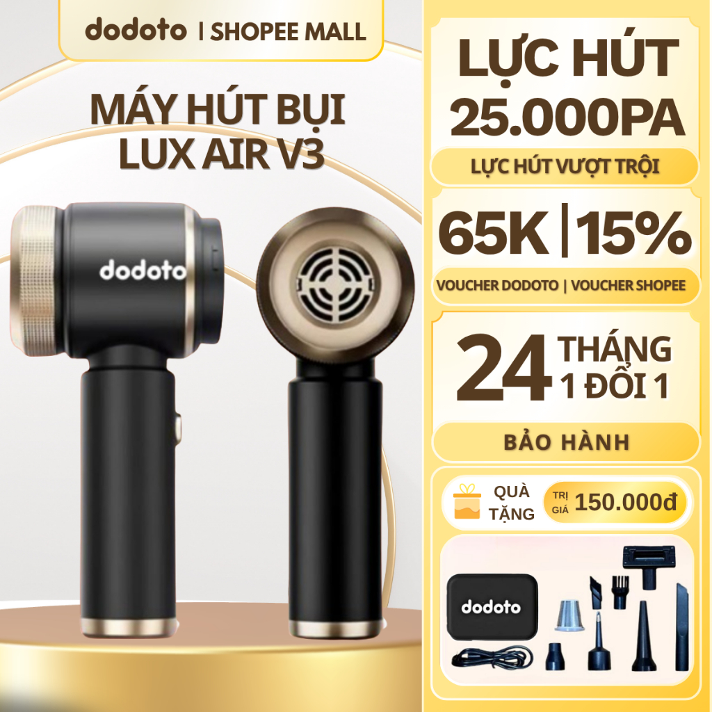 Máy hút bụi cầm tay dodoto mini không dây Lux Air V3, lực hút 25000 Pa, Bảo hành 24 tháng