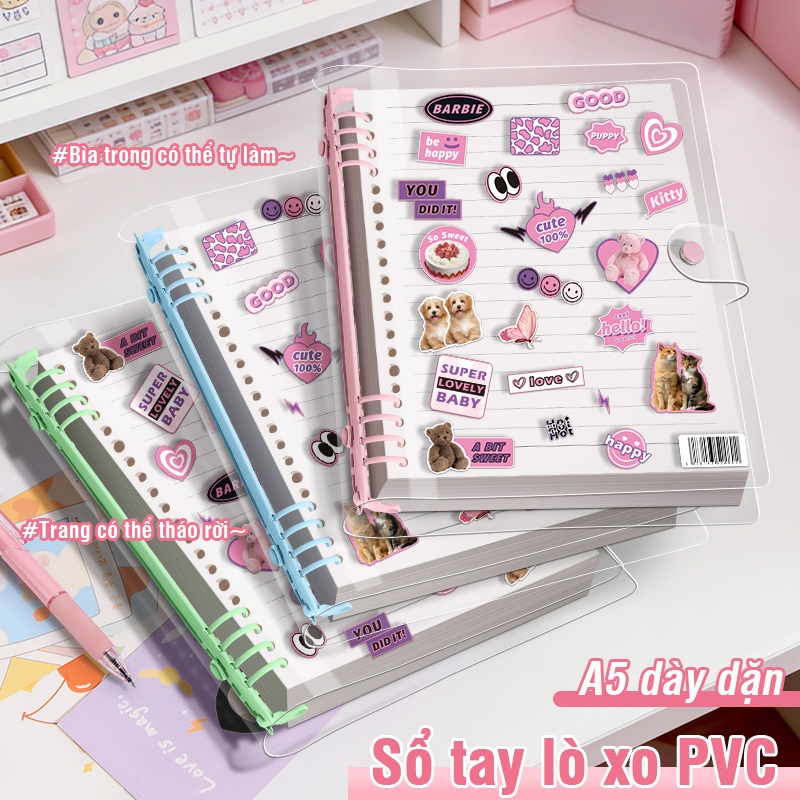 Sổ Còng Bìa Nhựa Trong Suốt Khổ A5 Thay Giấy Linh Hoạt Tặng kèm Sticker Trang Trí - Vở Viết Bài Vở