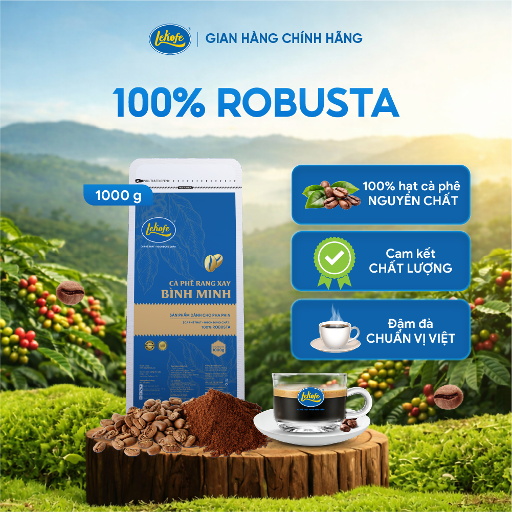Lekofe Cà Phê Bình Minh Rang Xay - 100% Robusta Đắng - Đậm - Chát Nhẹ Túi 1kg