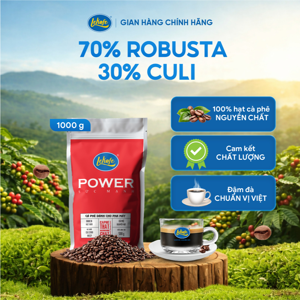 Cà phê nguyên hạt Sức Mạnh Lekofe 70% Robusta 30 Culi Đậm - Thơm - nồng ngon Túi 1000g