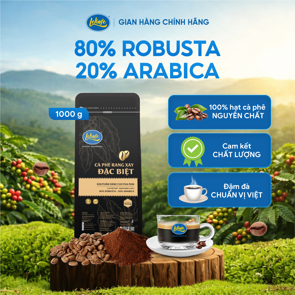 Cà phê rang xay Đặc Biệt Lekofe 80% Robusta 20% Arabica Đắng - Đậm - Chua nhẹ Túi 1000g