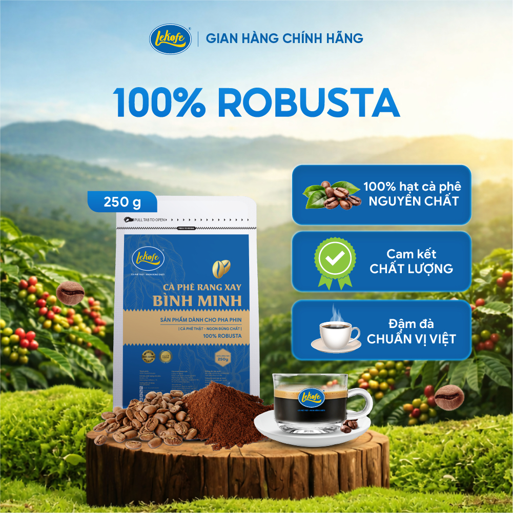 Cà phê rang xay Bình Minh Lekofe 100% Robusta Đắng - Đậm - chát nhẹ Túi 250g