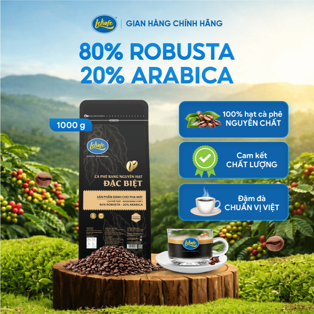 Cà phê nguyên hạt Đặc Biệt Lekofe 80% Robusta 20% Arabica Đắng - Đậm - chua nhẹ Túi 1000g