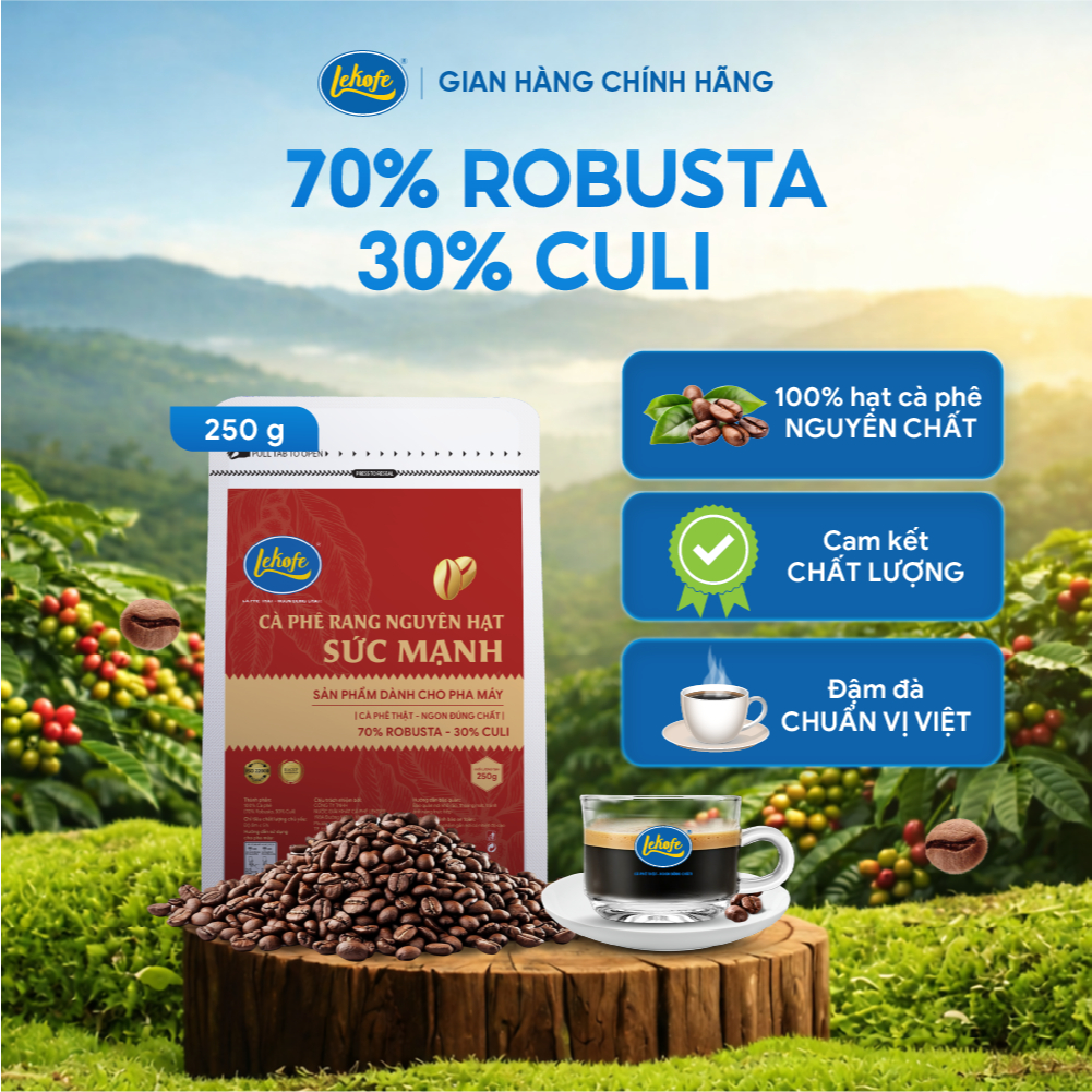Lekofe Cà phê Sức Mạnh Nguyên Hạt 70% Robusta 30% Culi Đậm - Thơm - Nồng -Túi 250g