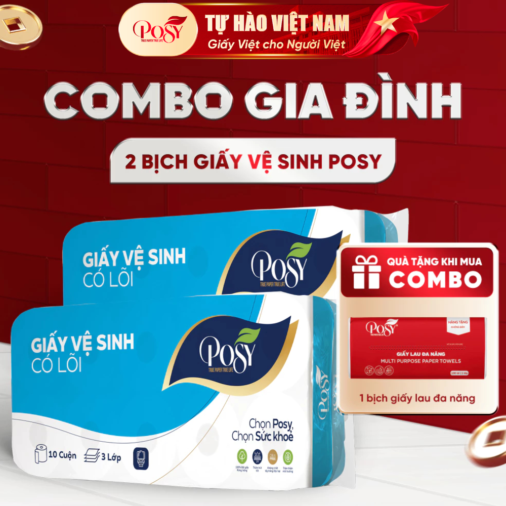 POSY_[LIVE KOL] POSY_COMBO GIA ĐÌNH _ 2 bịch Giấy vệ sinh POSY 10 cuộn 3 lớp không lõi - có lõi mềm 