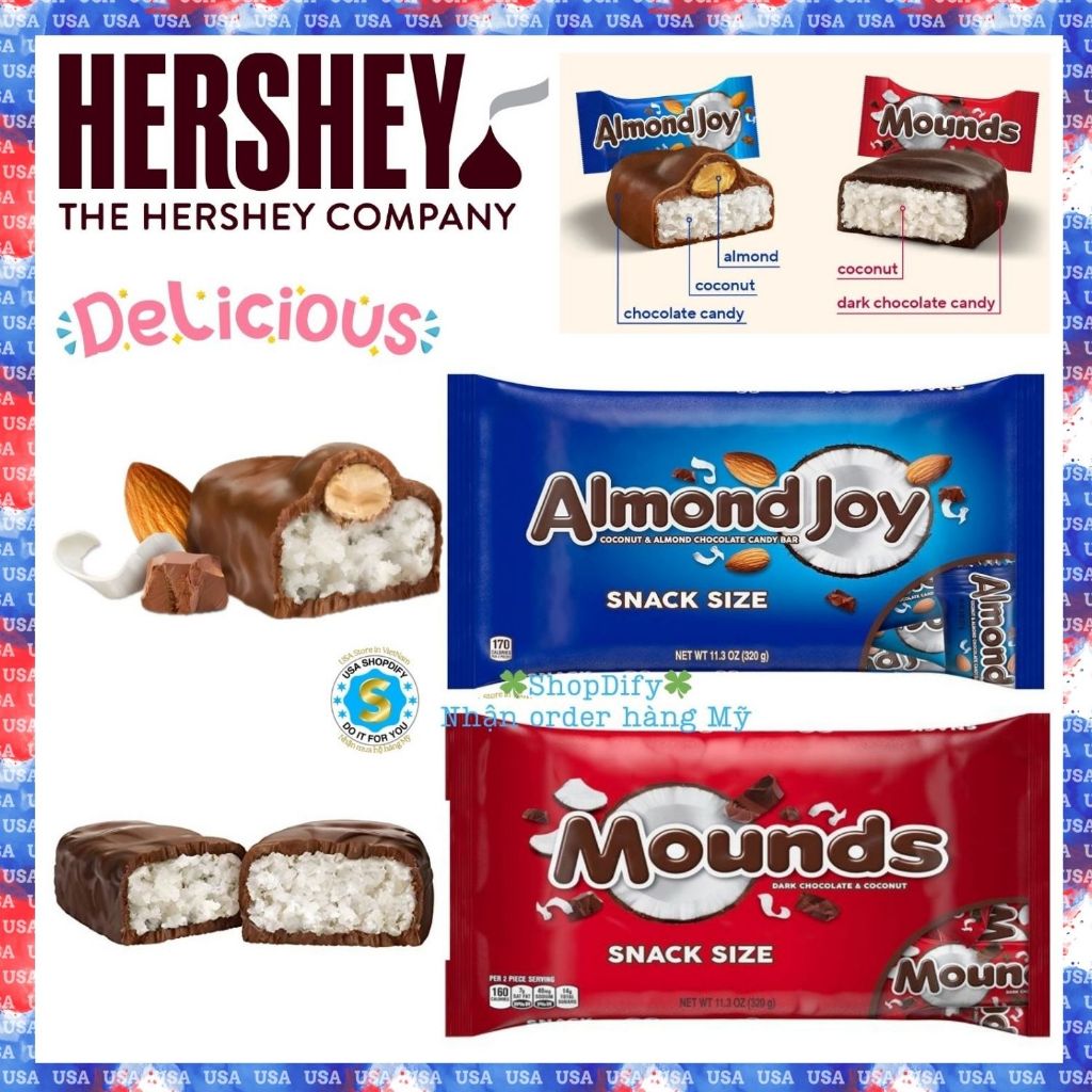 Socola Mỹ Dừa Hạnh Nhân HERSHEY ALMOND JOY MOUNDS Coconut Almond Dark Chocolate Candy Bars Snack Siz
