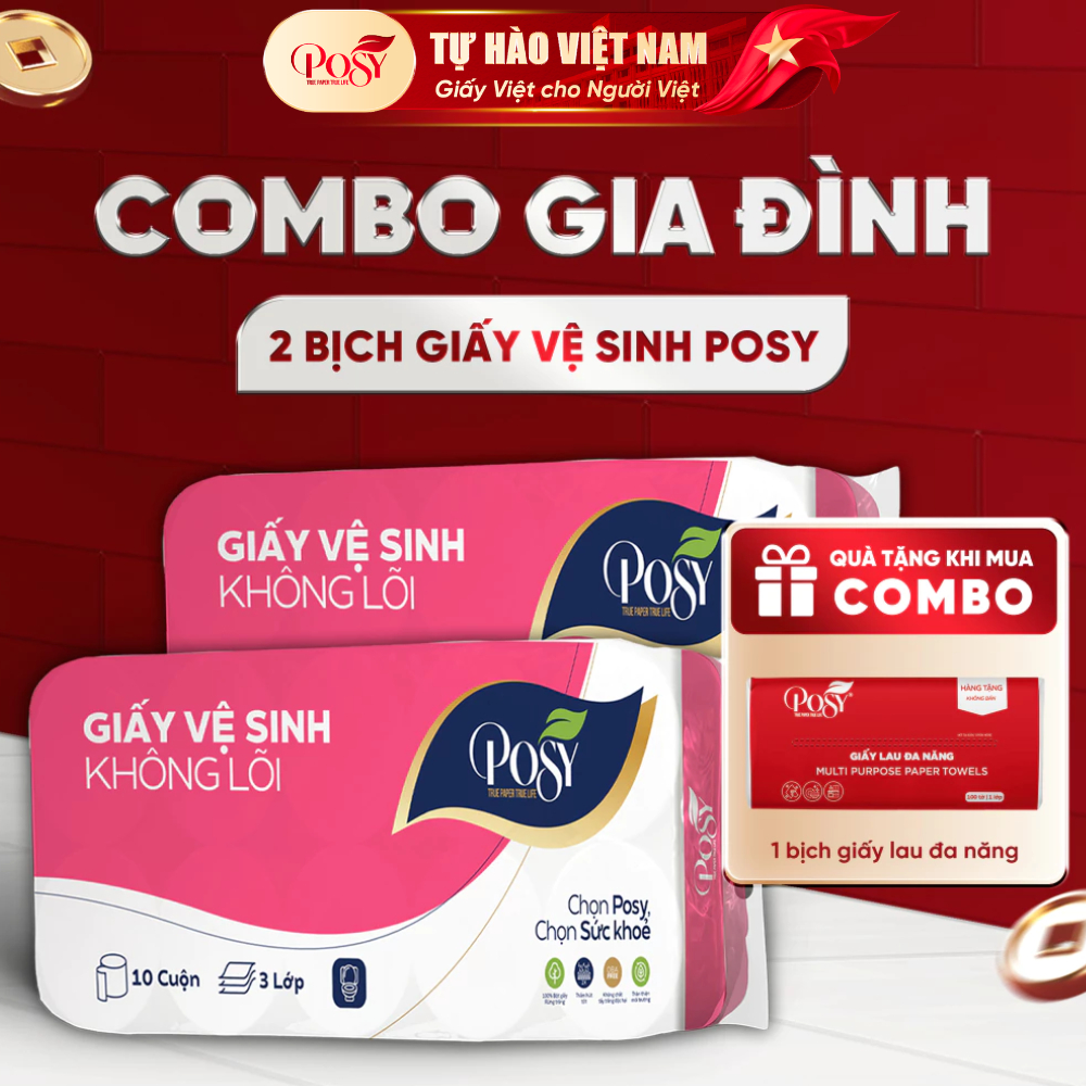 POSY_[COMBO GIA ĐÌNH] - MUA 2 BỊCH GVS POSY 10 CUỘN 3 LỚP CÓ LÕI - KHÔNG LÕI mềm mịn, tiết kiệm cho 