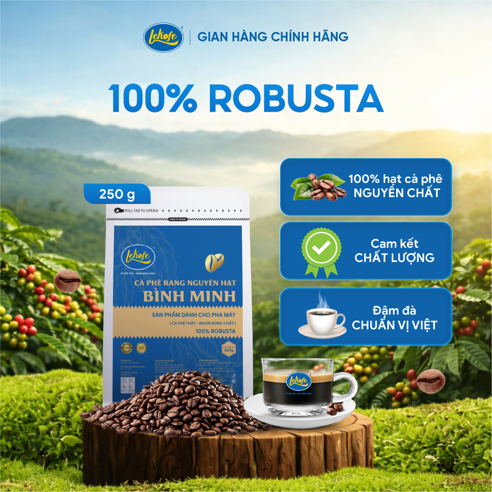 Lekofe Cà phê Bình Minh Nguyên Hạt 100% Robusta Đắng - Đậm - Chát nhẹ - Túi 250g